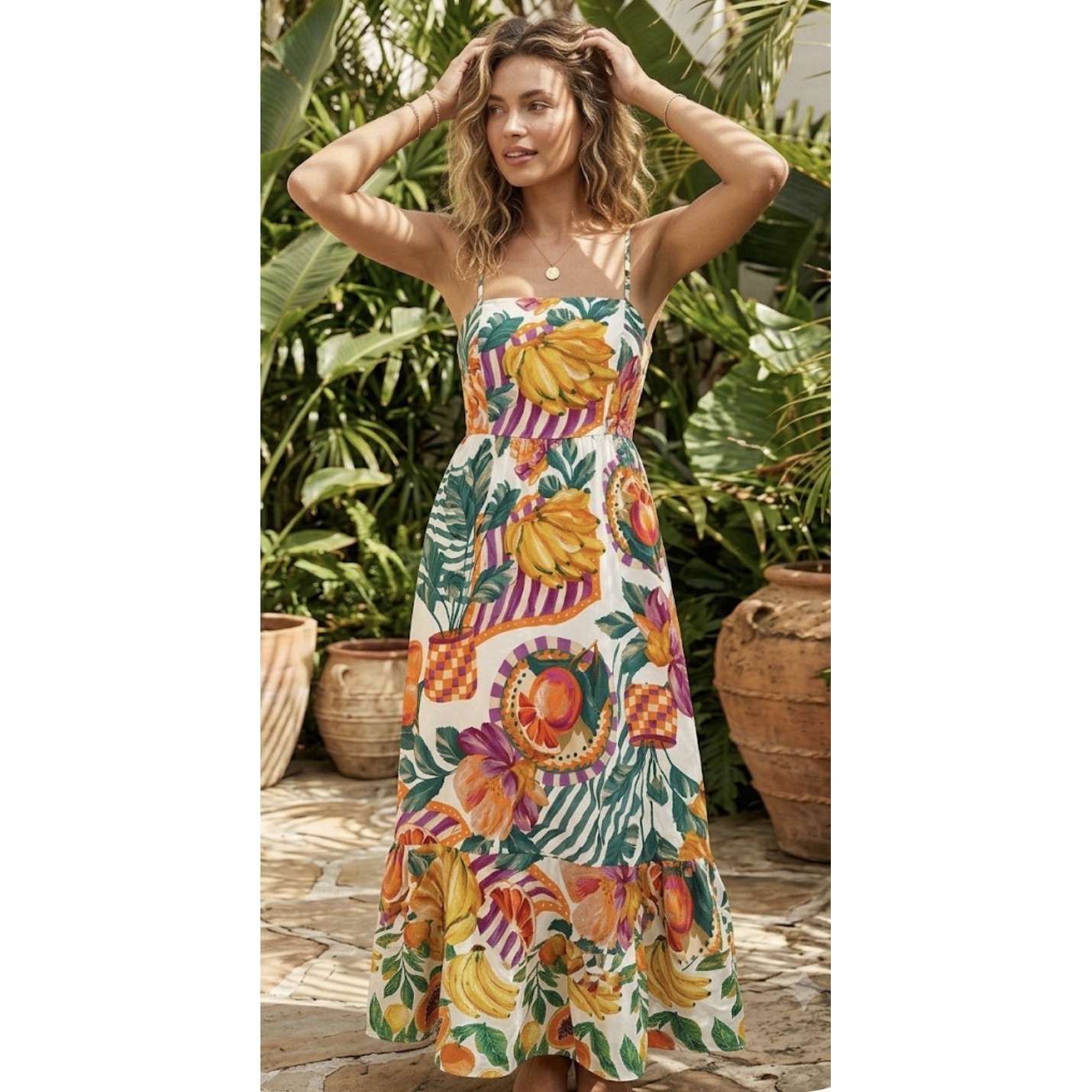 Paper Heart Dress Multicolor Fruit Floral Maxi Summer Ruffle Sundress Size Small